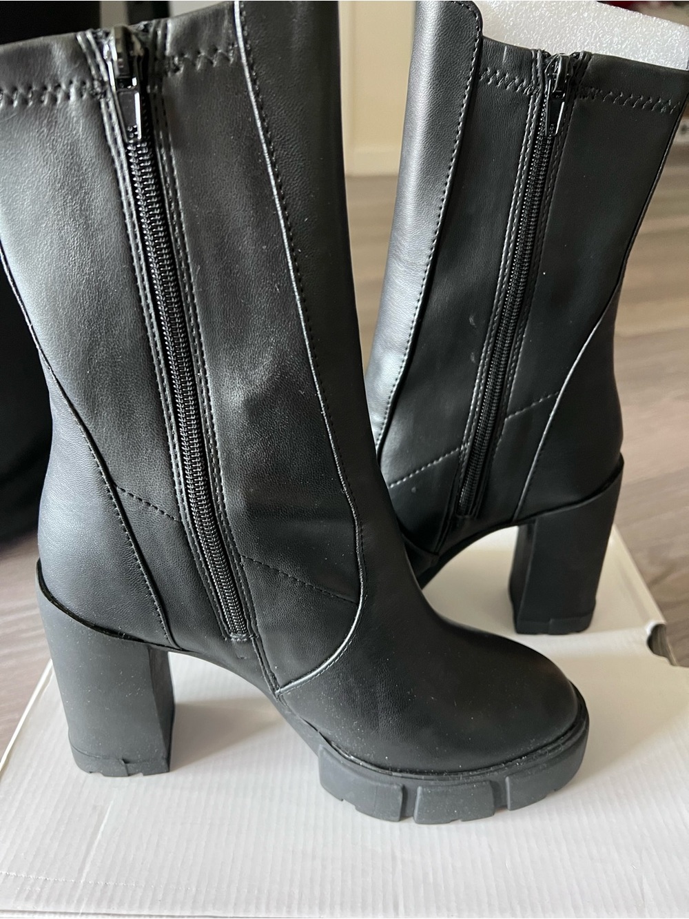 ALDO Black Mid-Calf Chunky Heel Platform Boots - Picture 7 of 10